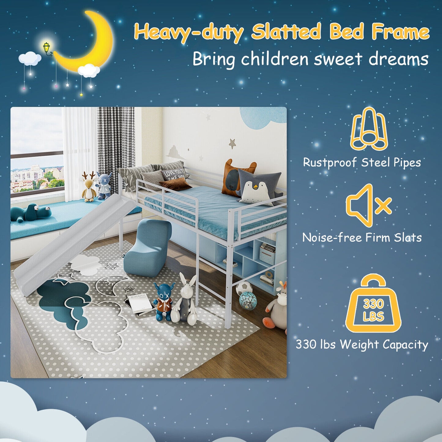 Twin Metal Loft Bed with Slide with Safety Guardrails and Built-in Ladder-Silver Kids Crystal