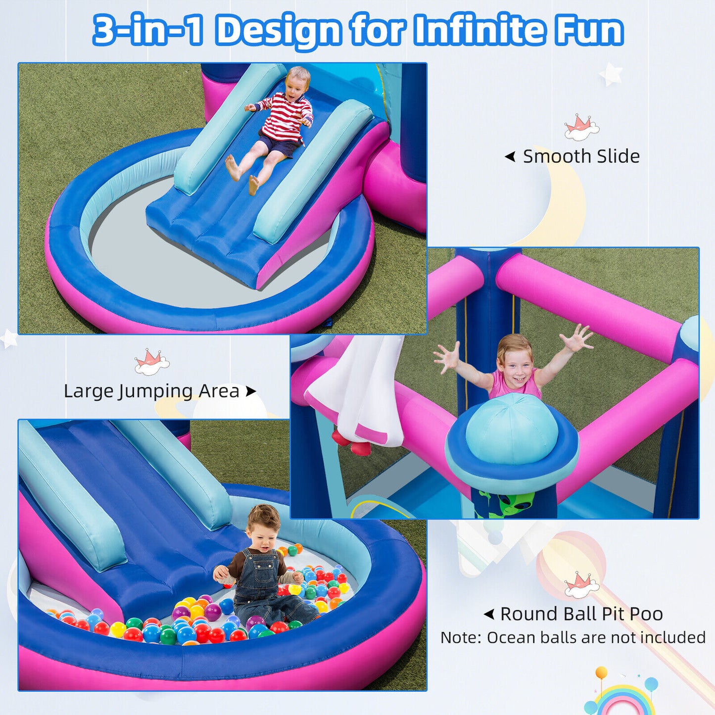 3-in-1 Inflatable Space-themed Bounce House with 480W Blower Kids Crystal