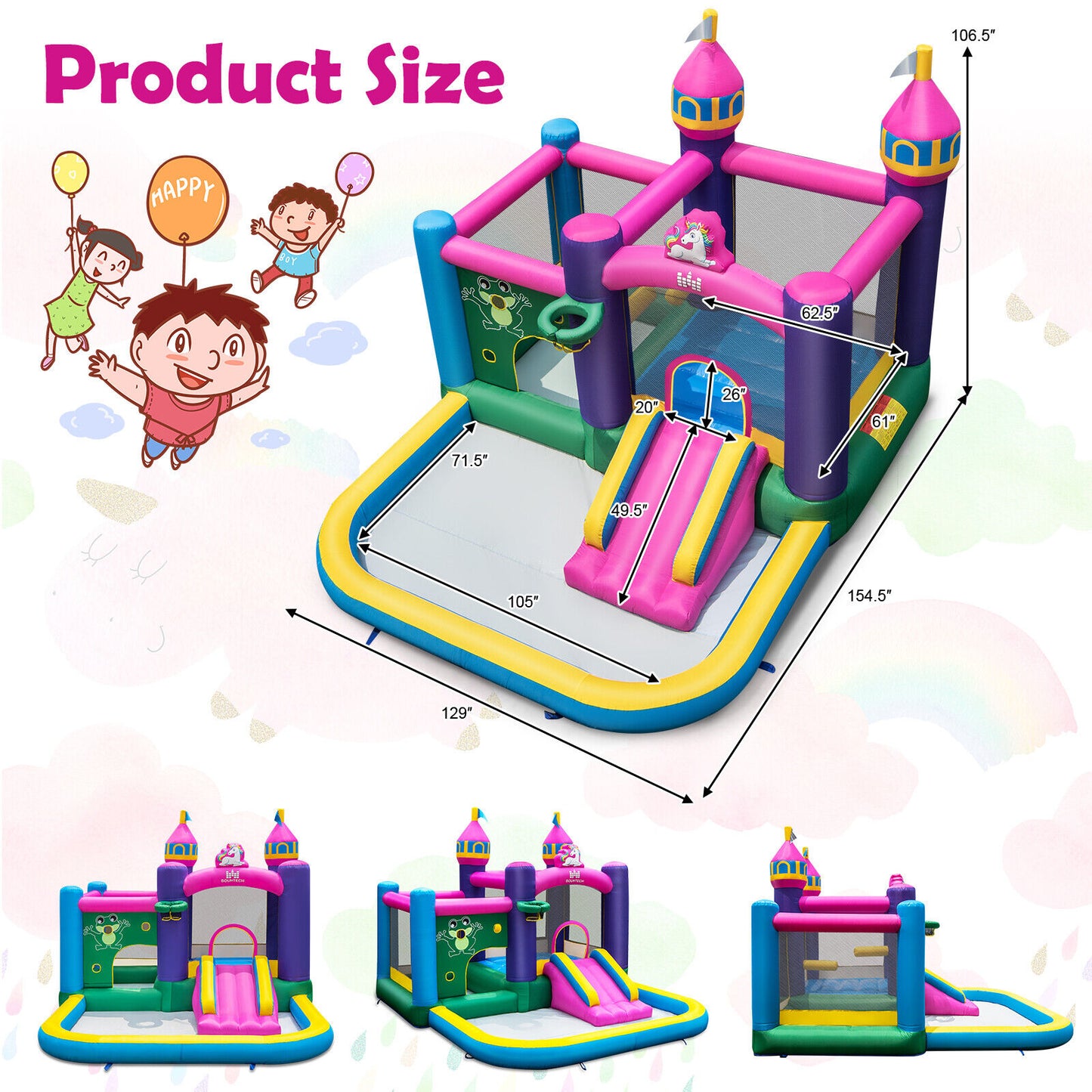 6-in-1 Kids Inflatable Unicorn-themed Bounce House with 735W Blower Kids Crystal