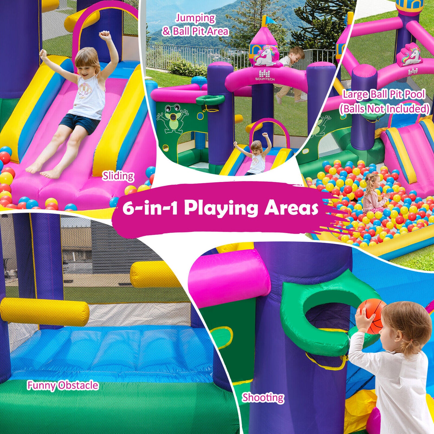 6-in-1 Kids Inflatable Unicorn-themed Bounce House with 735W Blower Kids Crystal
