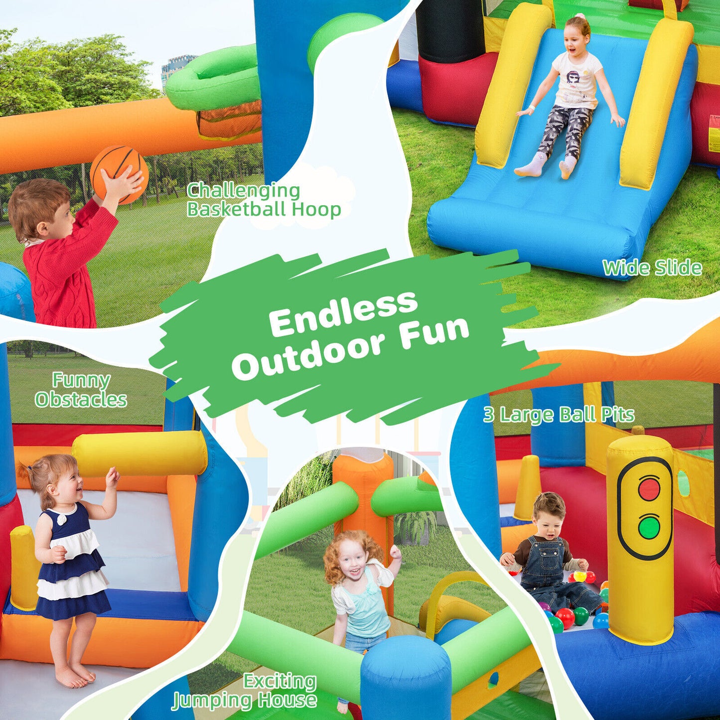 Train Themed Kids Bouncer with Slide and Basketball Hoop with 950W Air Blower Kids Crystal