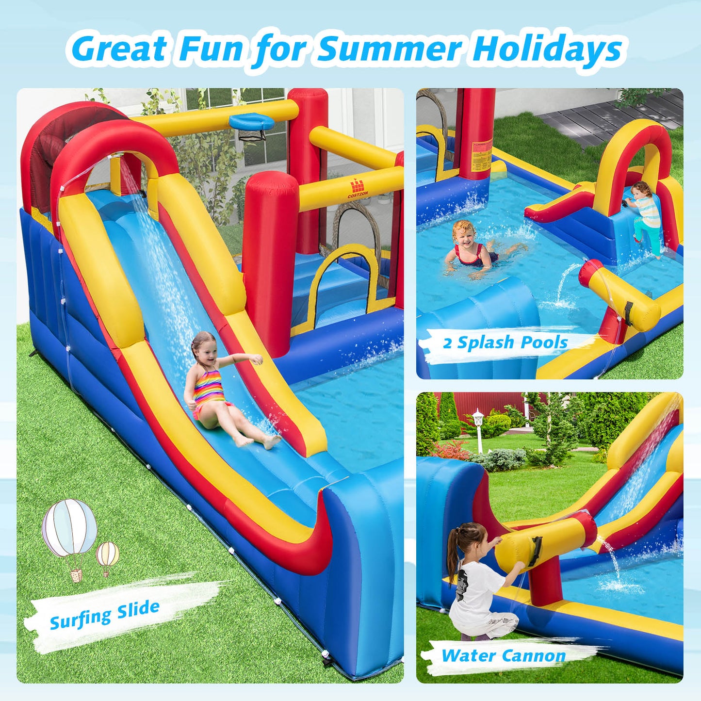 7 in 1 Outdoor Inflatable Bounce House with Water Slides and Splash Pools with 950W Blower Kids Crystal