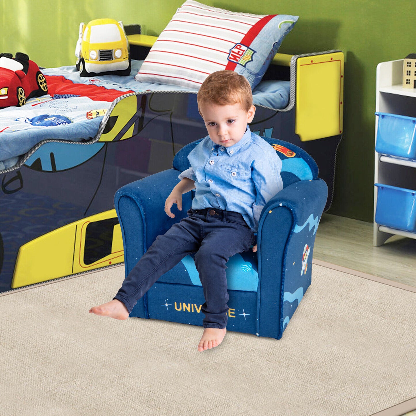 Toddler Upholstered Armchair with Solid Wooden Frame and High-density Sponge Filling-Multicolor