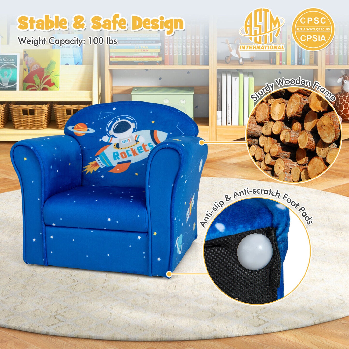 Toddler Upholstered Armchair with Solid Wooden Frame and High-density Sponge Filling-Blue Kids Crystal