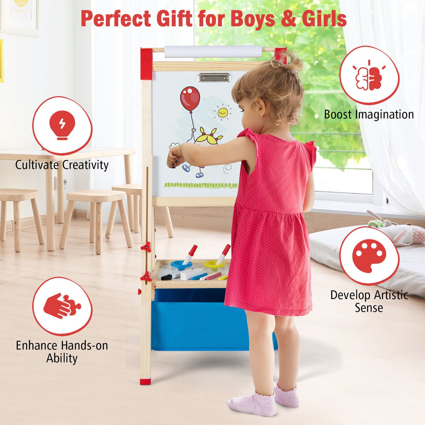 3-in-1 Double-Sided Adjustable Kid Easel for 3-8 Years Old Toddlers Kids Crystal