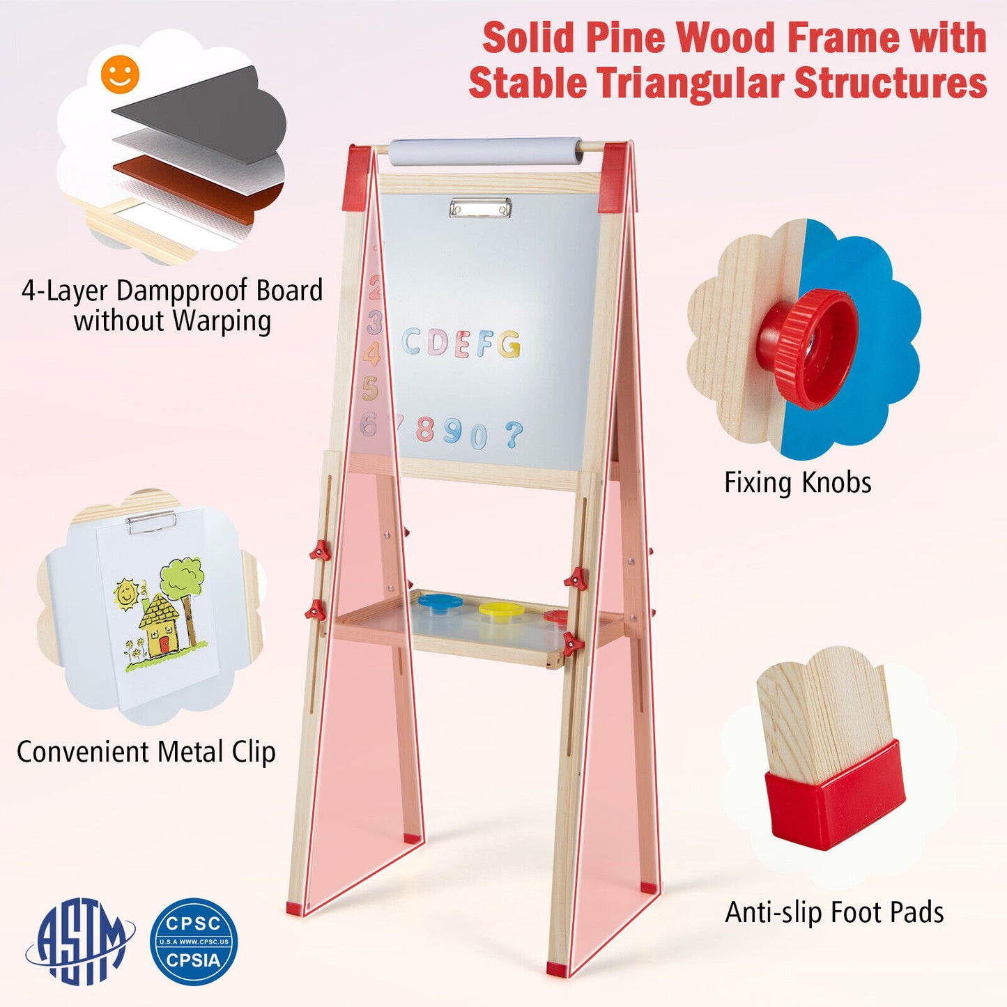 3-in-1 Double-Sided Adjustable Kid Easel for 3-8 Years Old Toddlers Kids Crystal