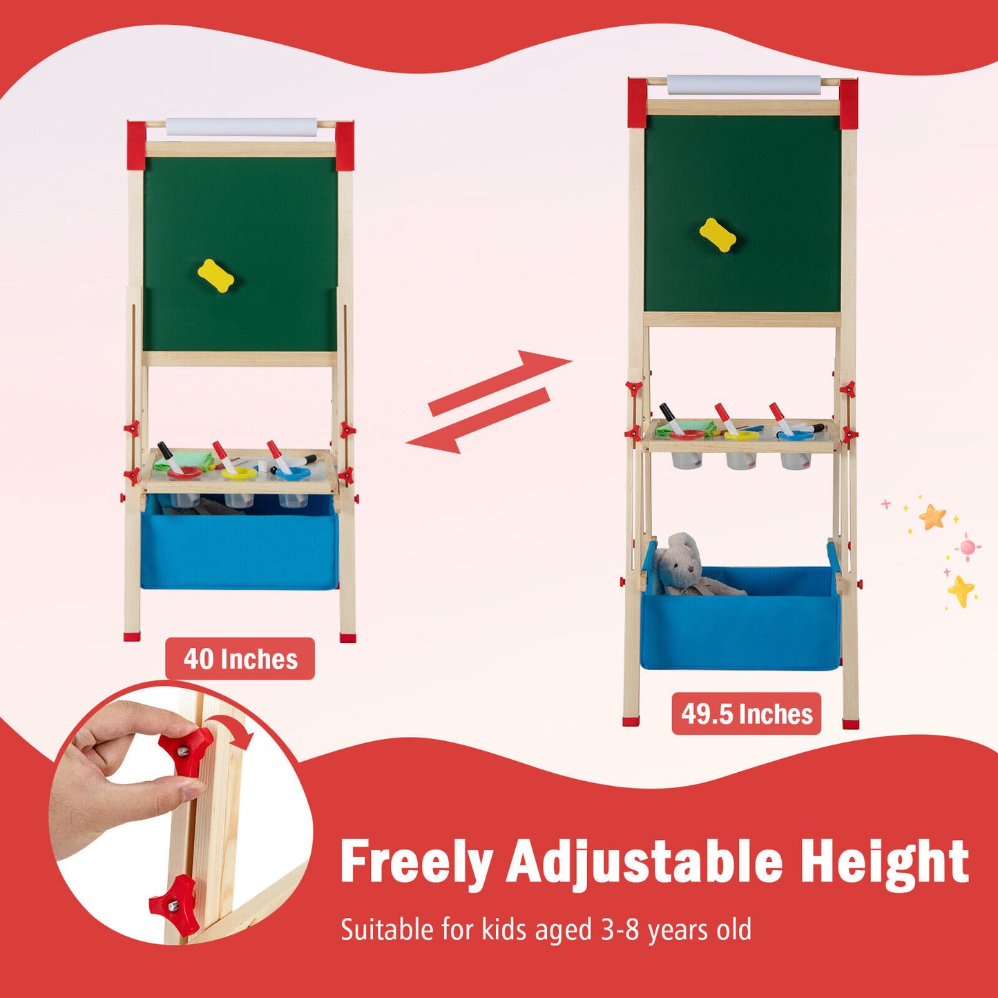 3-in-1 Double-Sided Adjustable Kid Easel for 3-8 Years Old Toddlers Kids Crystal