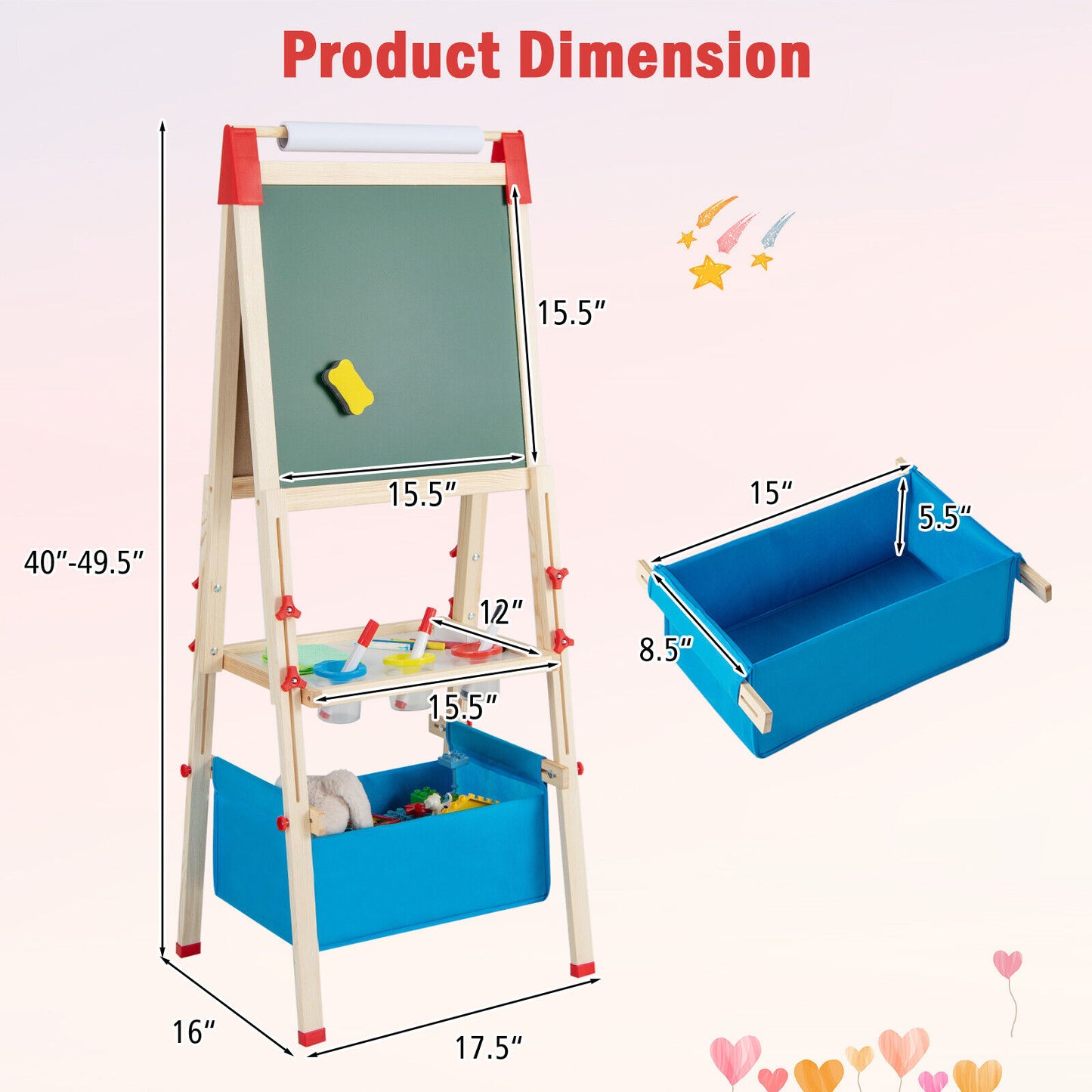 3-in-1 Double-Sided Adjustable Kid Easel for 3-8 Years Old Toddlers Kids Crystal