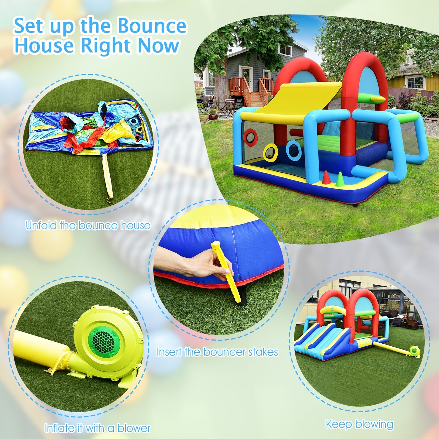 Inflatable Jumping Castle Bounce House with Dual Slides and 480W Blower Kids Crystal