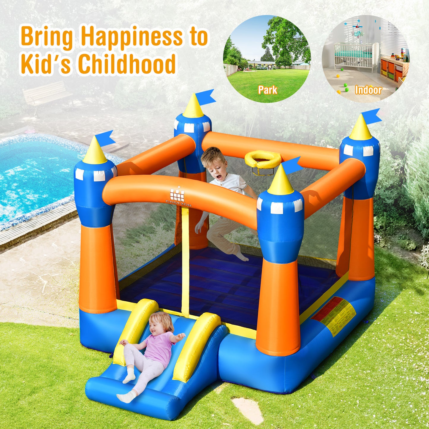 Kids Inflatable Bounce House Magic Castle with Large Jumping Area with 735W Blower Kids Crystal