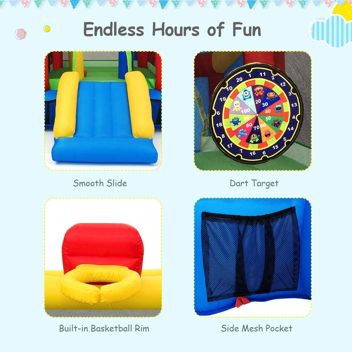 7-in-1 Kids Inflatable Bounce House with Ocean Balls and 480W Blower Kids Crystal