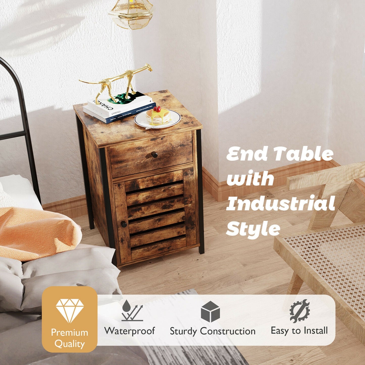Industrial Nightstand with Drawer and Adjustable Shelf Kids Crystal