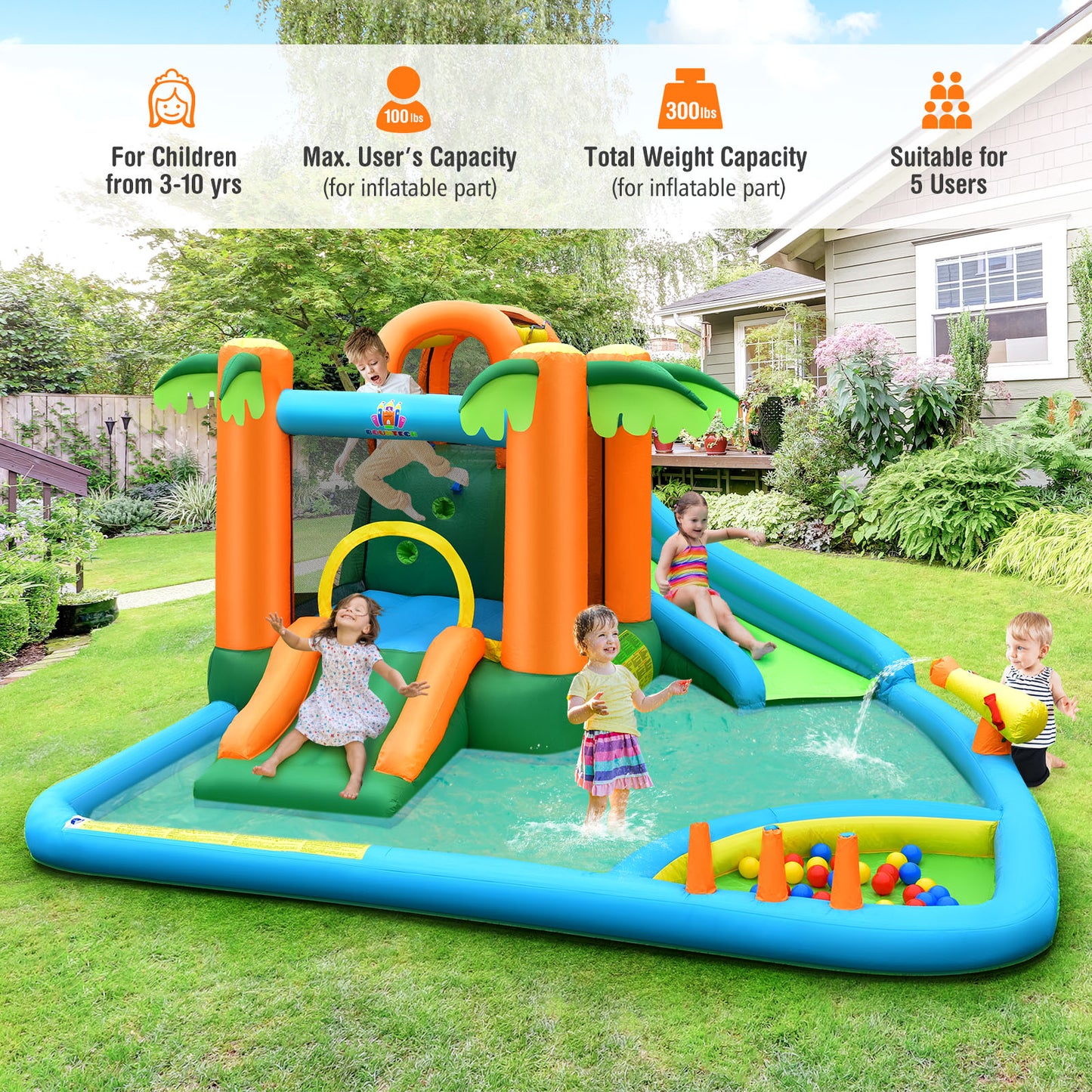7-in-1 Inflatable Water Slide Park with Trampoline Climbing and 680W Blower Kids Crystal