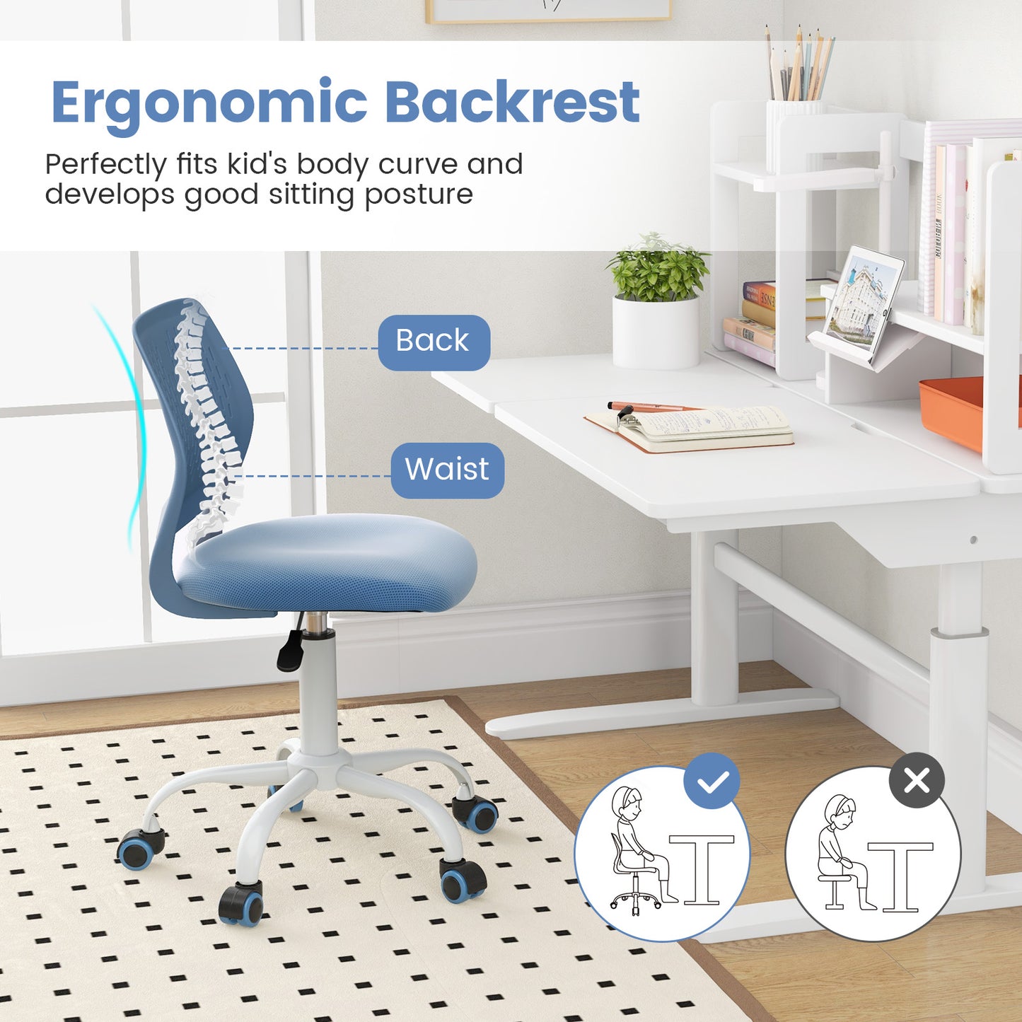 Ergonomic Children Study Chair with Adjustable Height-Blue Kids Crystal