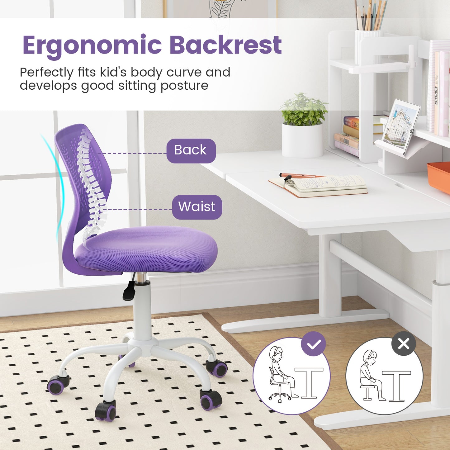 Ergonomic Children Study Chair with Adjustable Height-Purple Kids Crystal