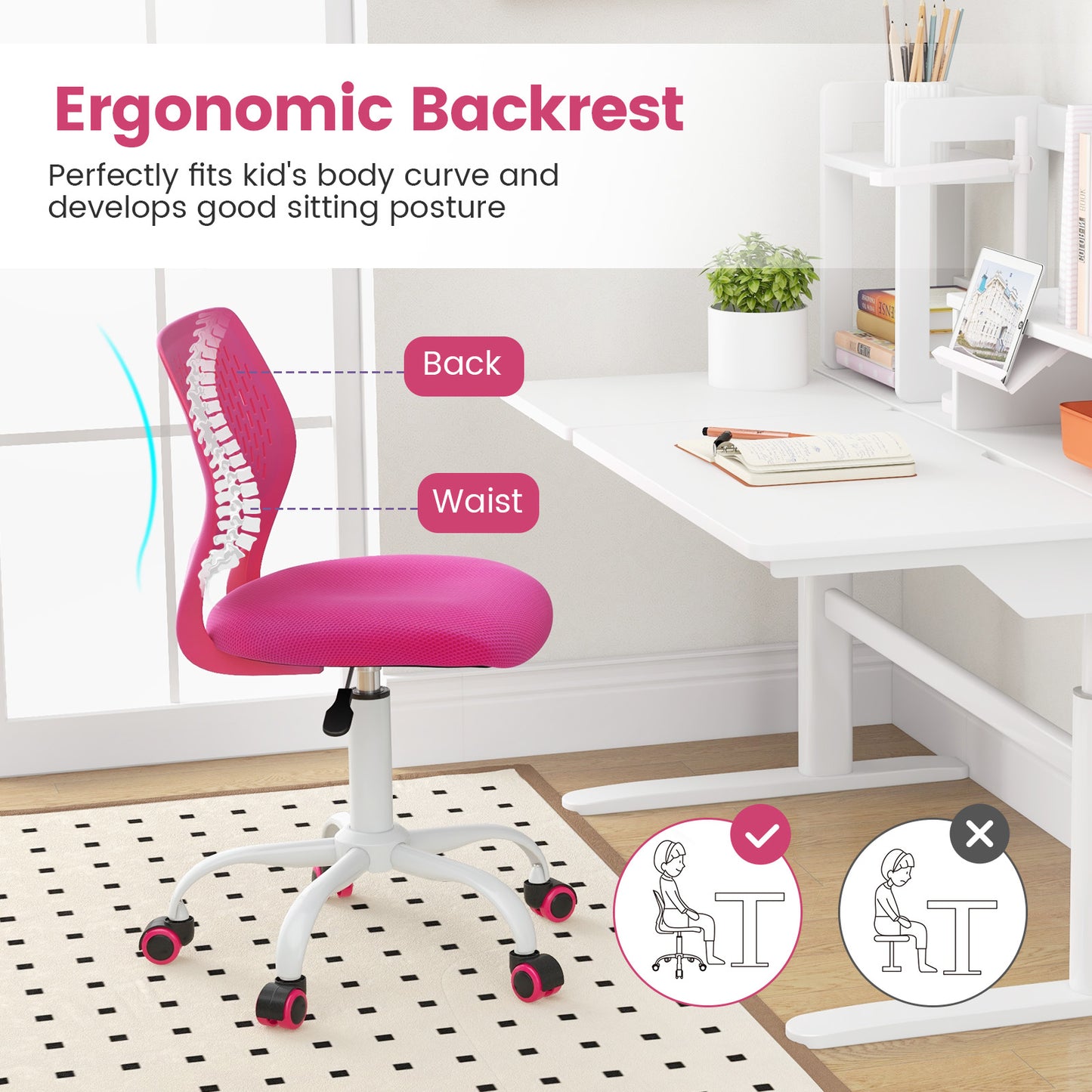 Ergonomic Children Study Chair with Adjustable Height-Pink Kids Crystal