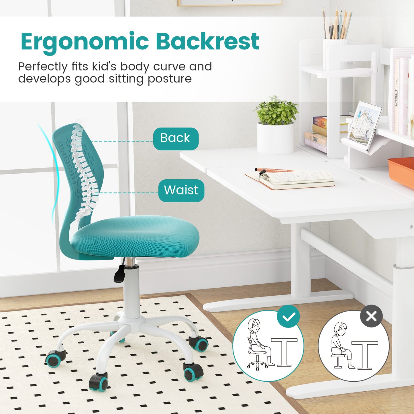 Ergonomic Children Study Chair with Adjustable Height-Turquoise Kids Crystal