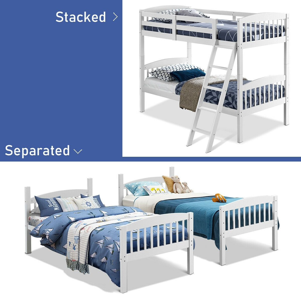Hardwood Twin Bunk Beds with Individual Kid Bed Ladder-White Kids Crystal
