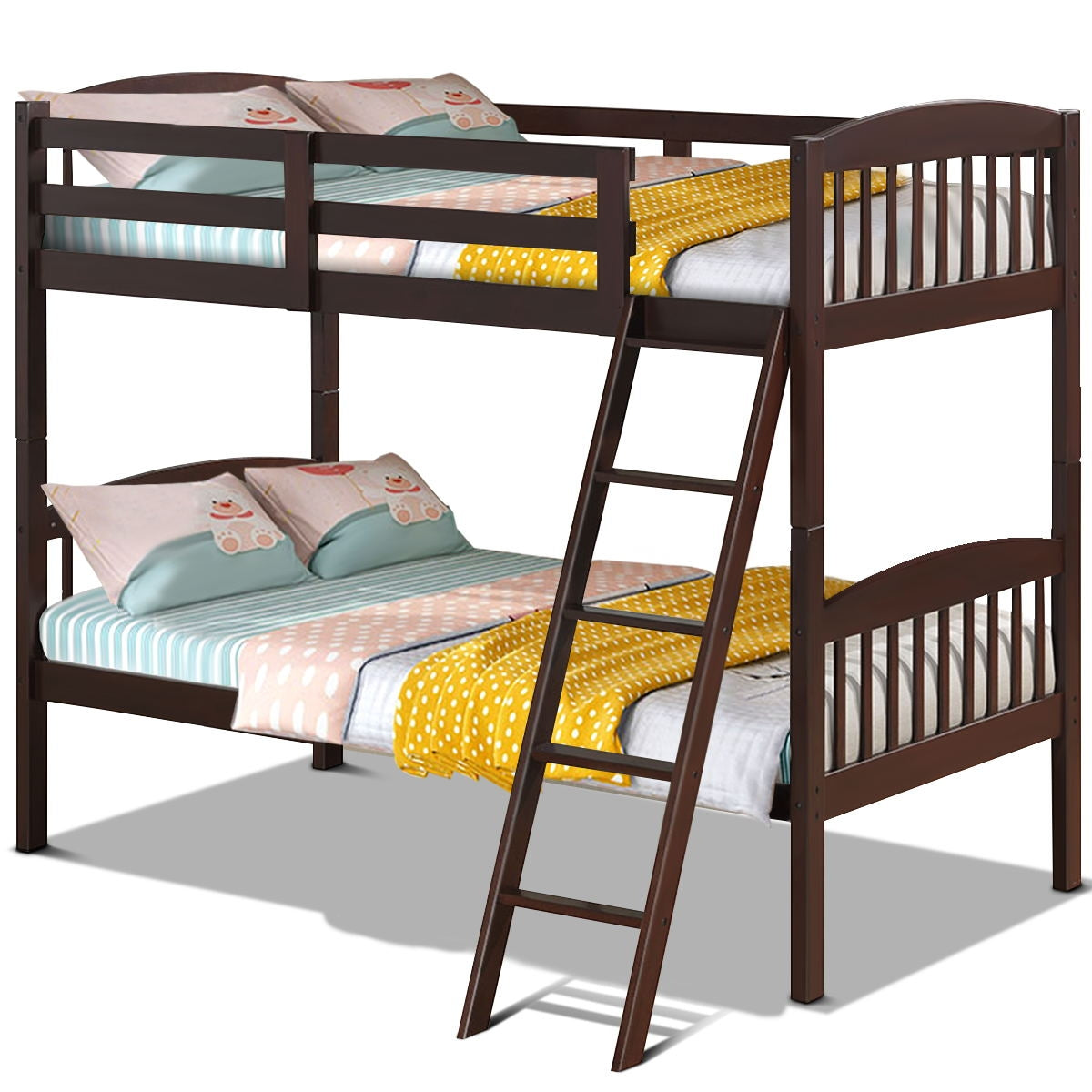 Solid Wood Twin Bunk Beds with Detachable Ladder-Coffee Kids Crystal
