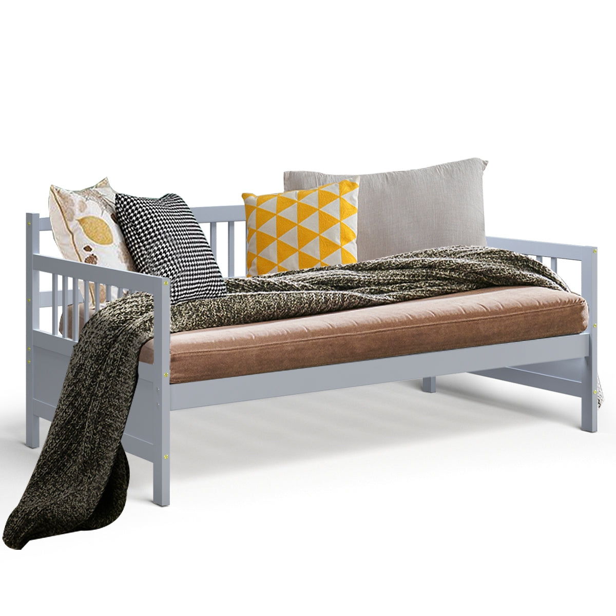 Twin Size Wooden Slats Daybed Bed with Rails-Gray Kids Crystal