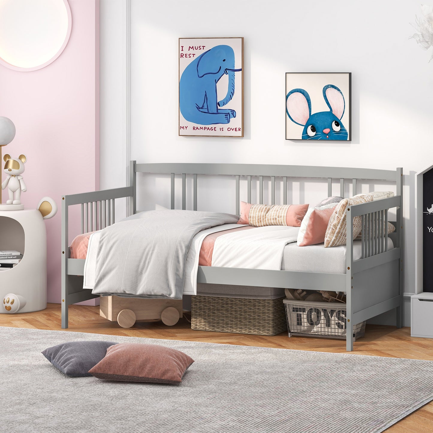 Twin Size Wooden Slats Daybed Bed with Rails-Gray Kids Crystal