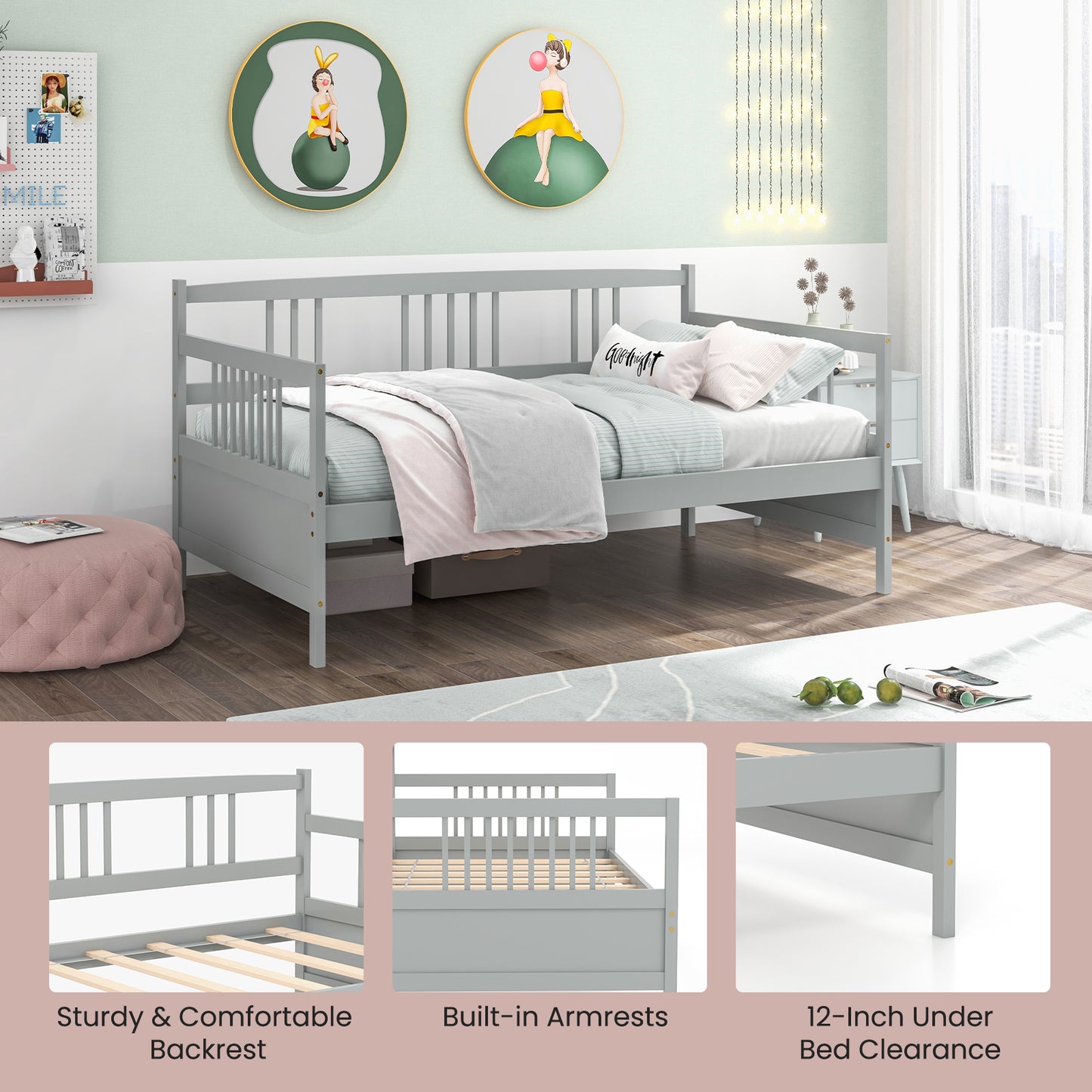 Twin Size Wooden Slats Daybed Bed with Rails-Gray Kids Crystal