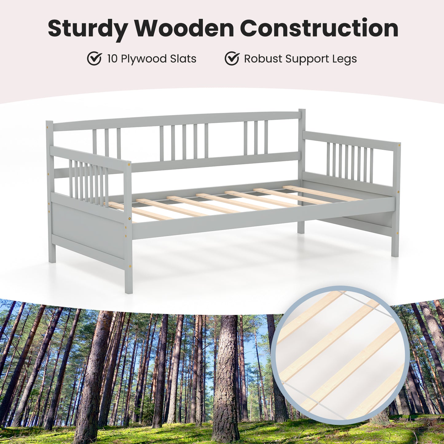 Twin Size Wooden Slats Daybed Bed with Rails-Gray Kids Crystal