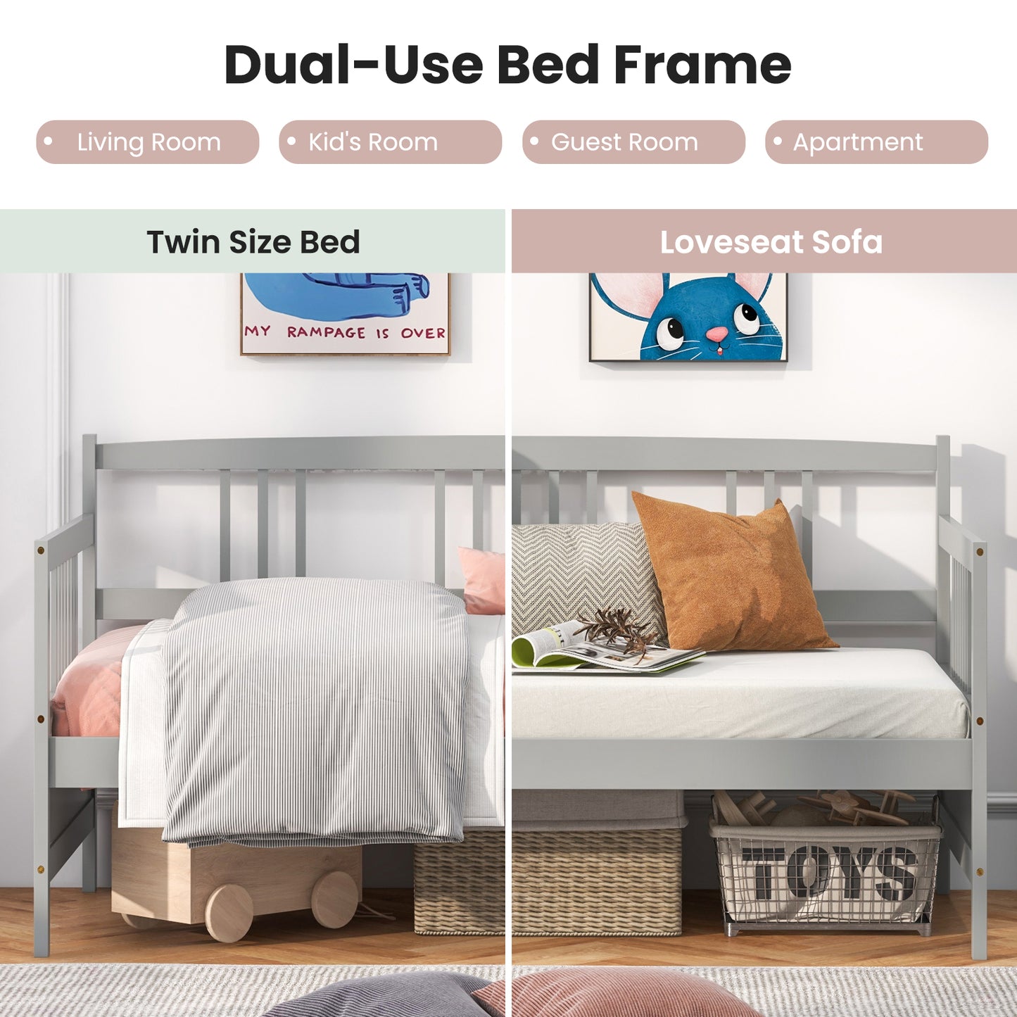 Twin Size Wooden Slats Daybed Bed with Rails-Gray Kids Crystal