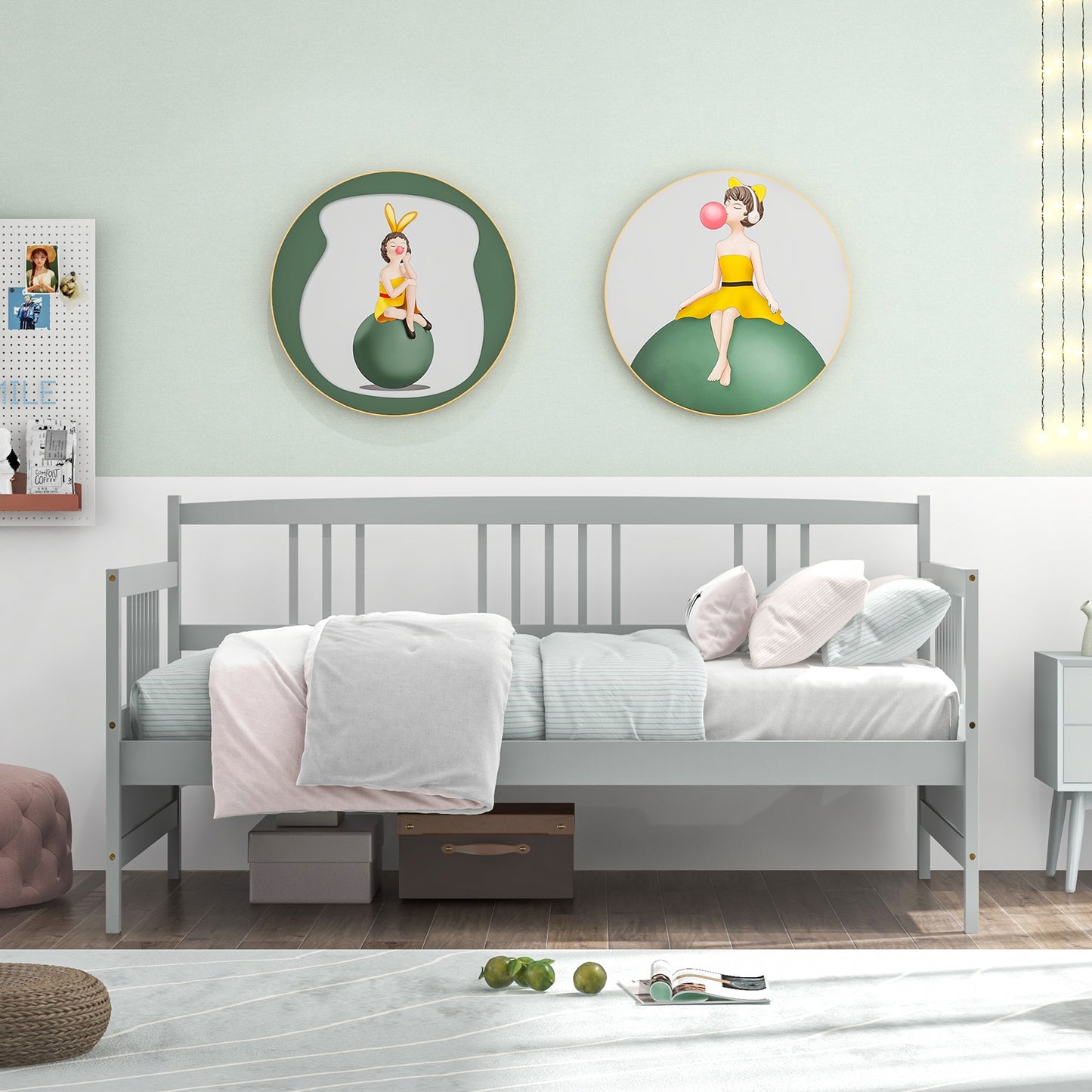 Twin Size Wooden Slats Daybed Bed with Rails-Gray Kids Crystal