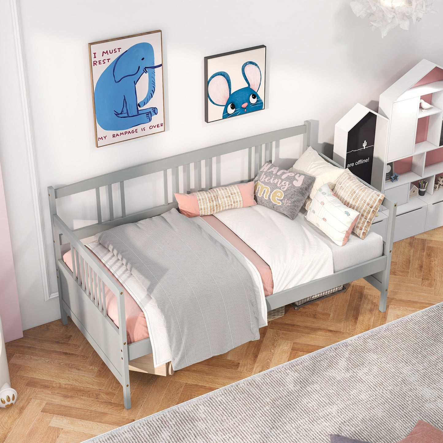 Twin Size Wooden Slats Daybed Bed with Rails-Gray Kids Crystal
