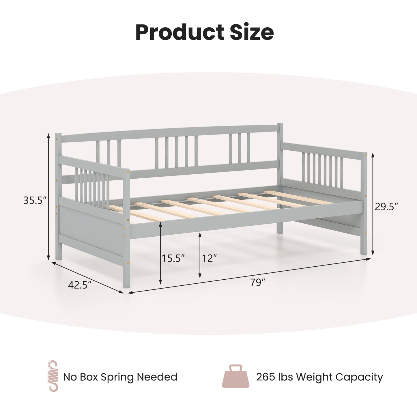 Twin Size Wooden Slats Daybed Bed with Rails-Gray Kids Crystal