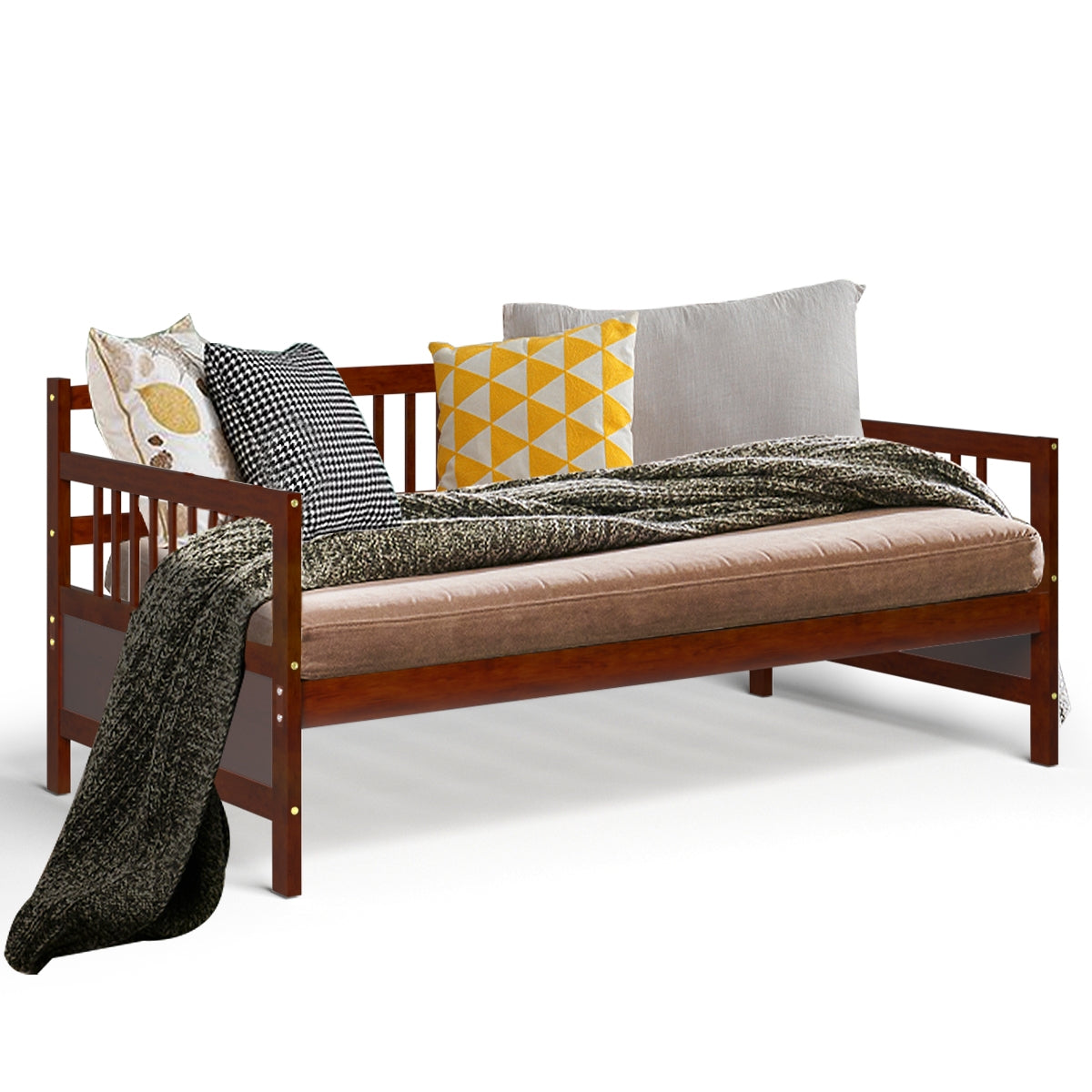 Twin Size Wooden Slats Daybed Bed with Rails-Cherry Kids Crystal