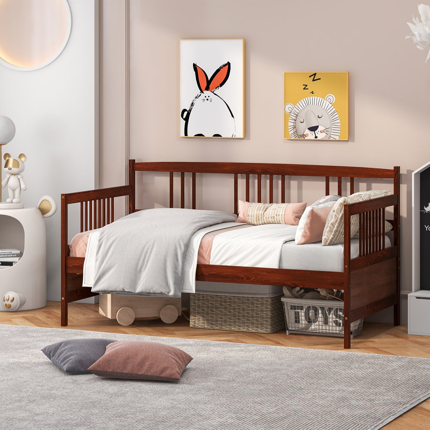Twin Size Wooden Slats Daybed Bed with Rails-Cherry Kids Crystal