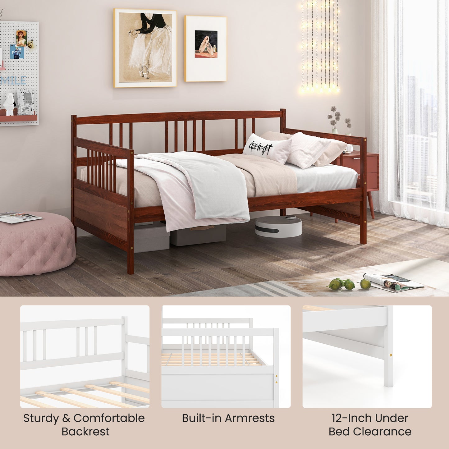 Twin Size Wooden Slats Daybed Bed with Rails-Cherry Kids Crystal