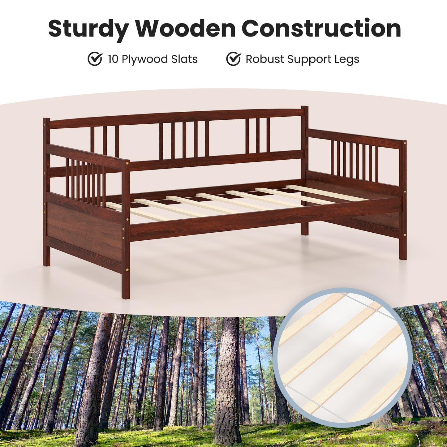 Twin Size Wooden Slats Daybed Bed with Rails-Cherry Kids Crystal
