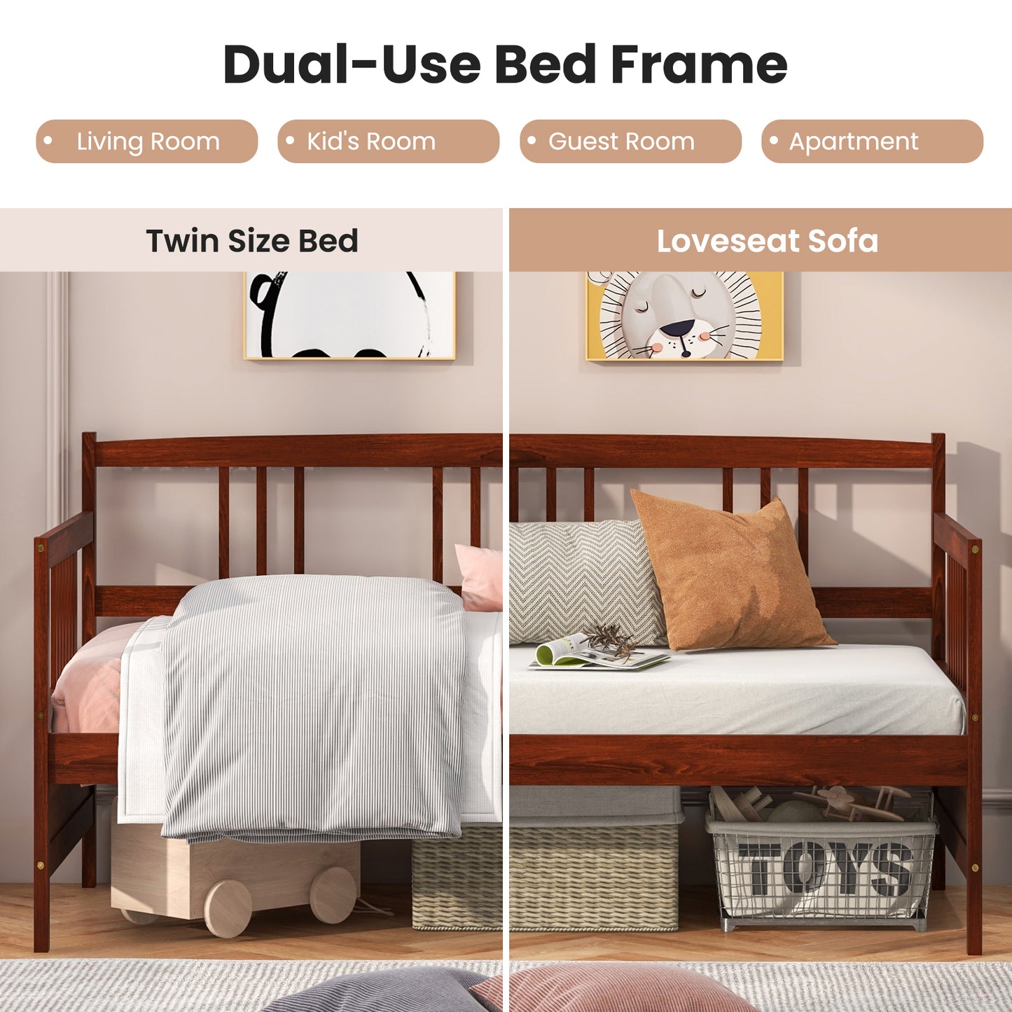 Twin Size Wooden Slats Daybed Bed with Rails-Cherry Kids Crystal
