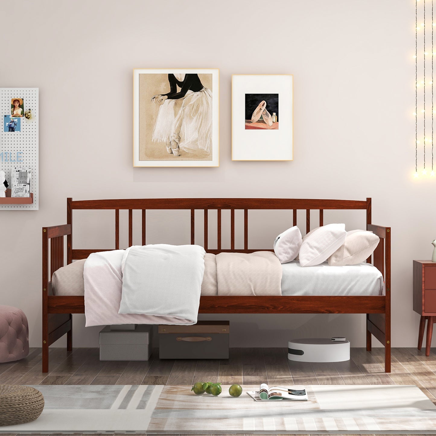 Twin Size Wooden Slats Daybed Bed with Rails-Cherry Kids Crystal