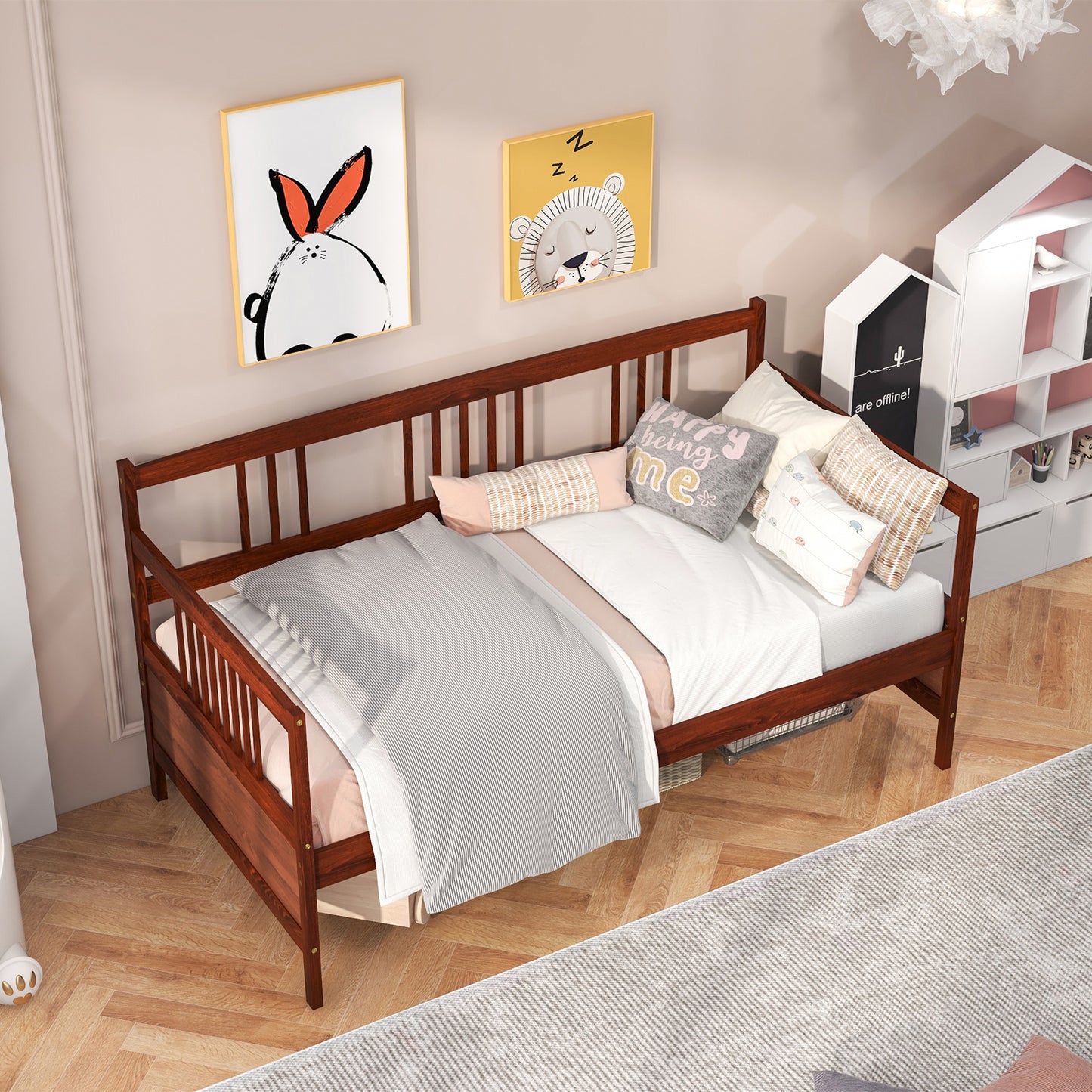 Twin Size Wooden Slats Daybed Bed with Rails-Cherry Kids Crystal
