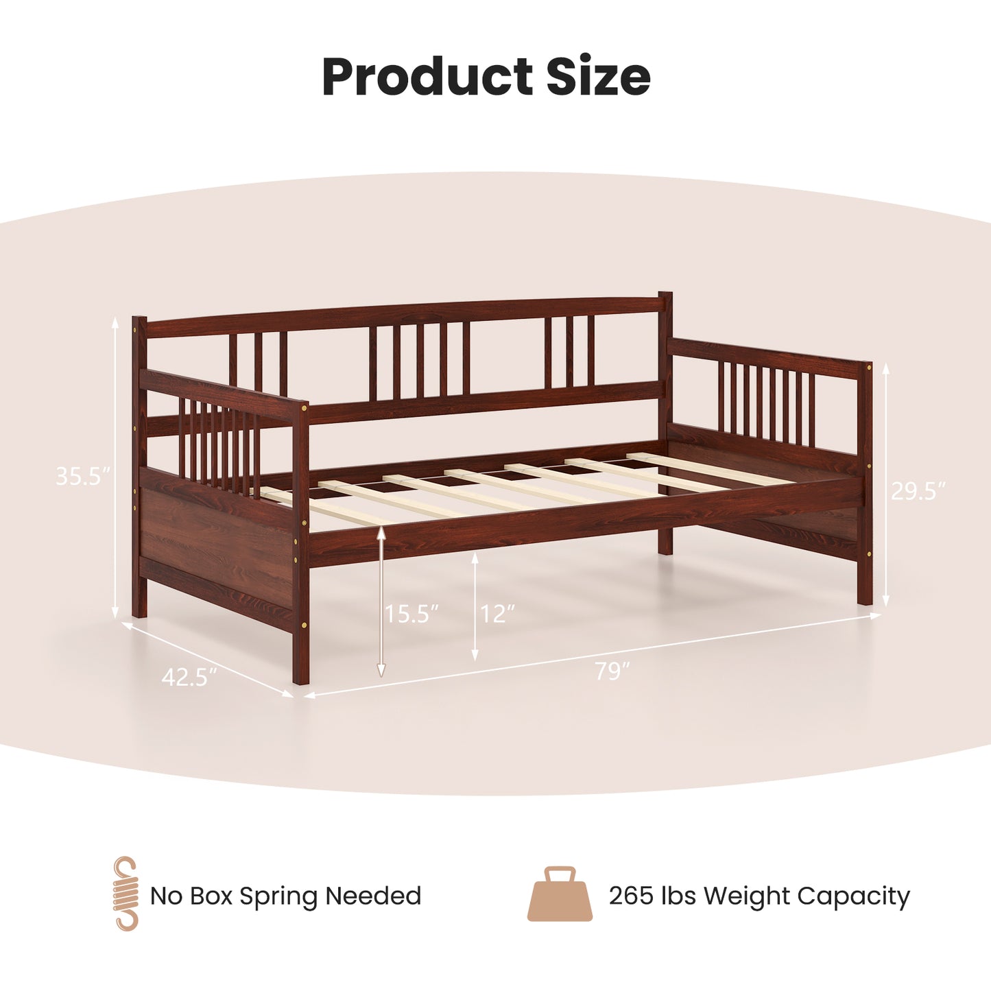 Twin Size Wooden Slats Daybed Bed with Rails-Cherry Kids Crystal