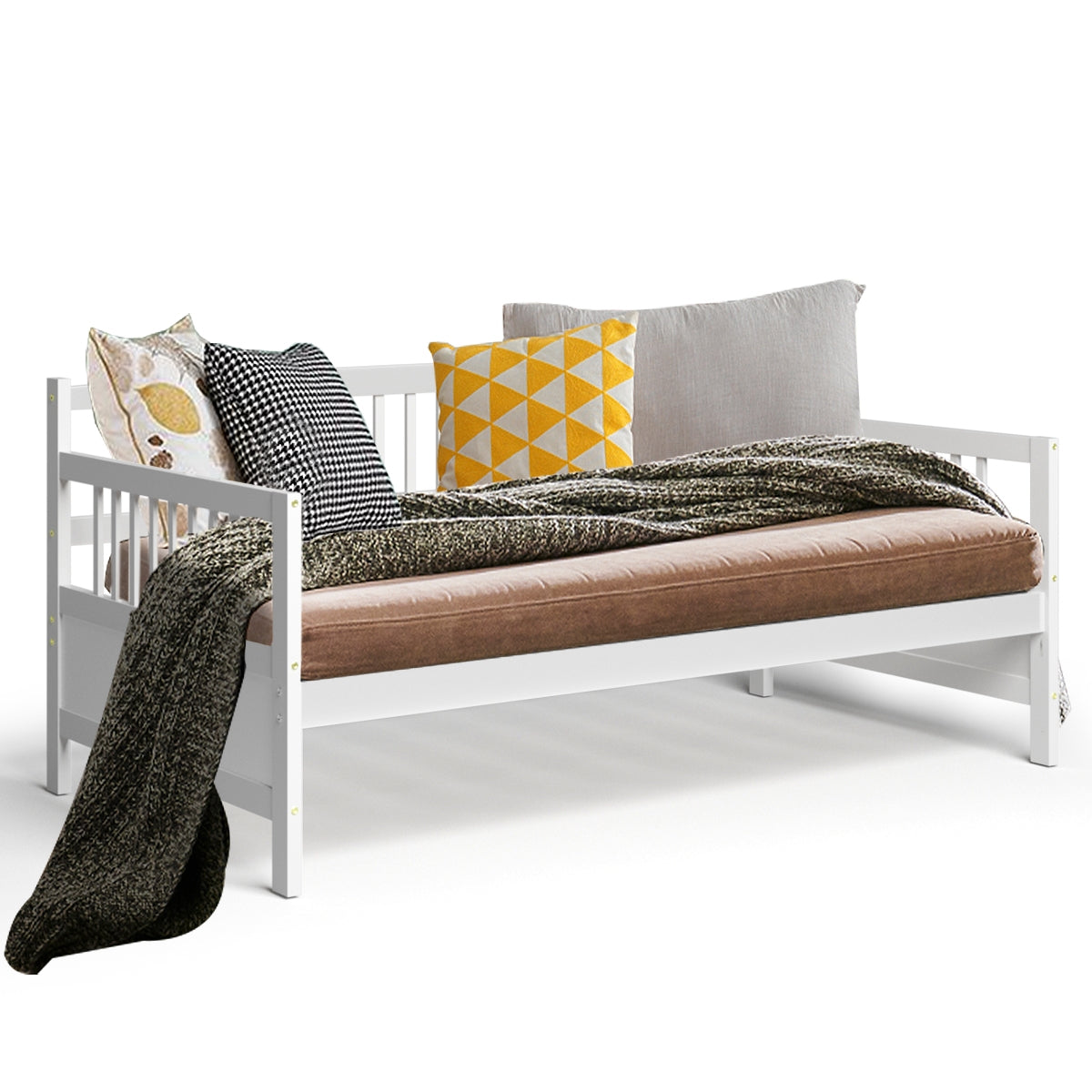 Twin Size Wooden Slats Daybed Bed with Rails-White Kids Crystal