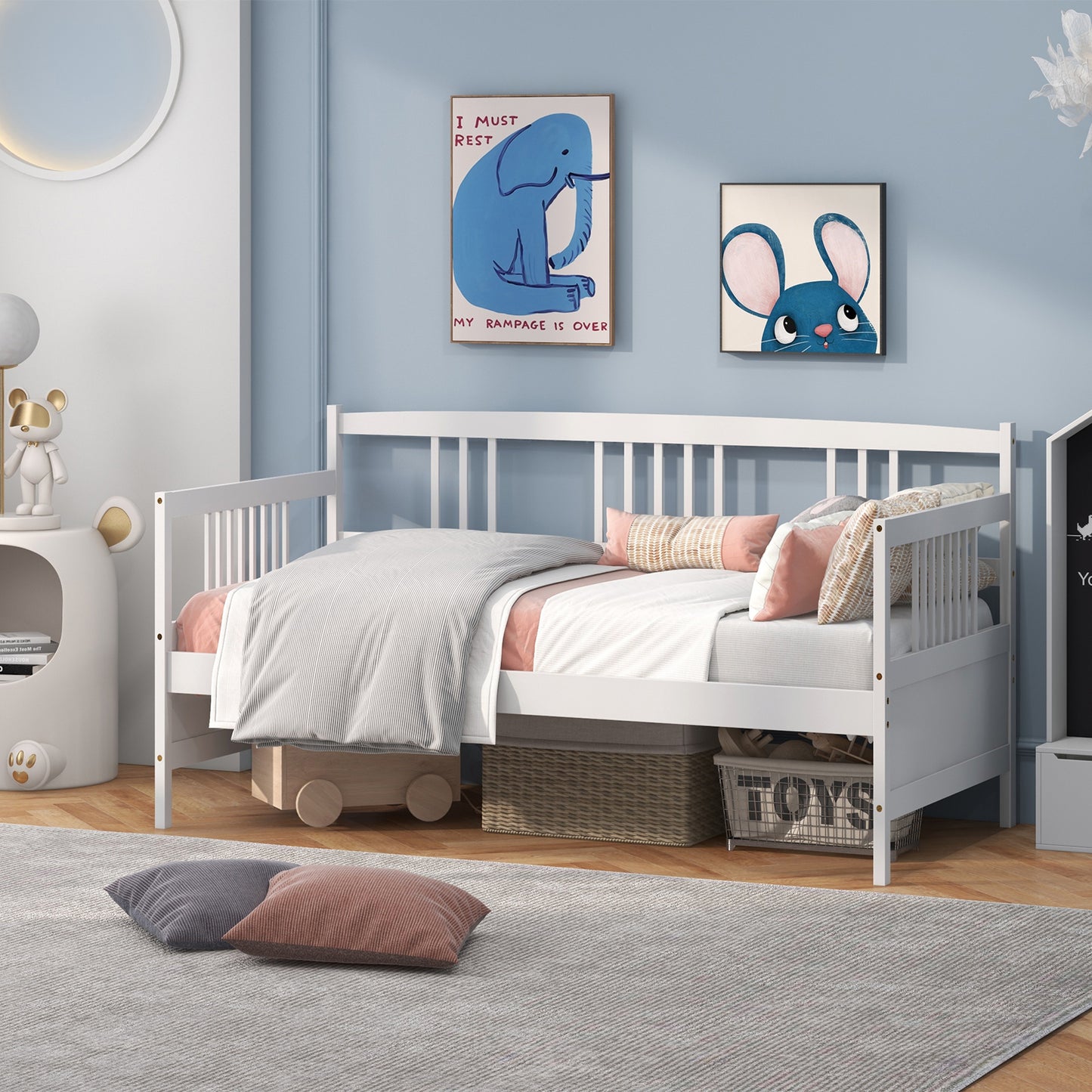 Twin Size Wooden Slats Daybed Bed with Rails-White Kids Crystal