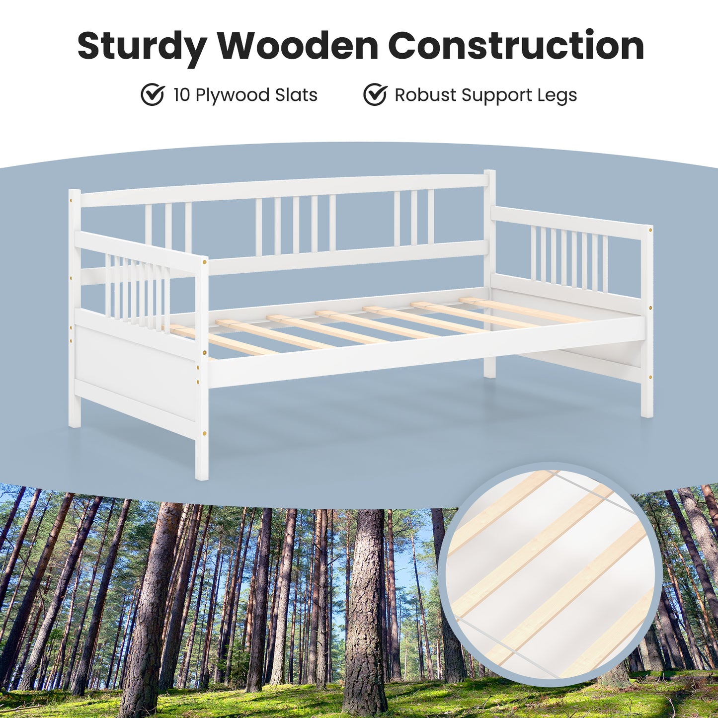 Twin Size Wooden Slats Daybed Bed with Rails-White Kids Crystal