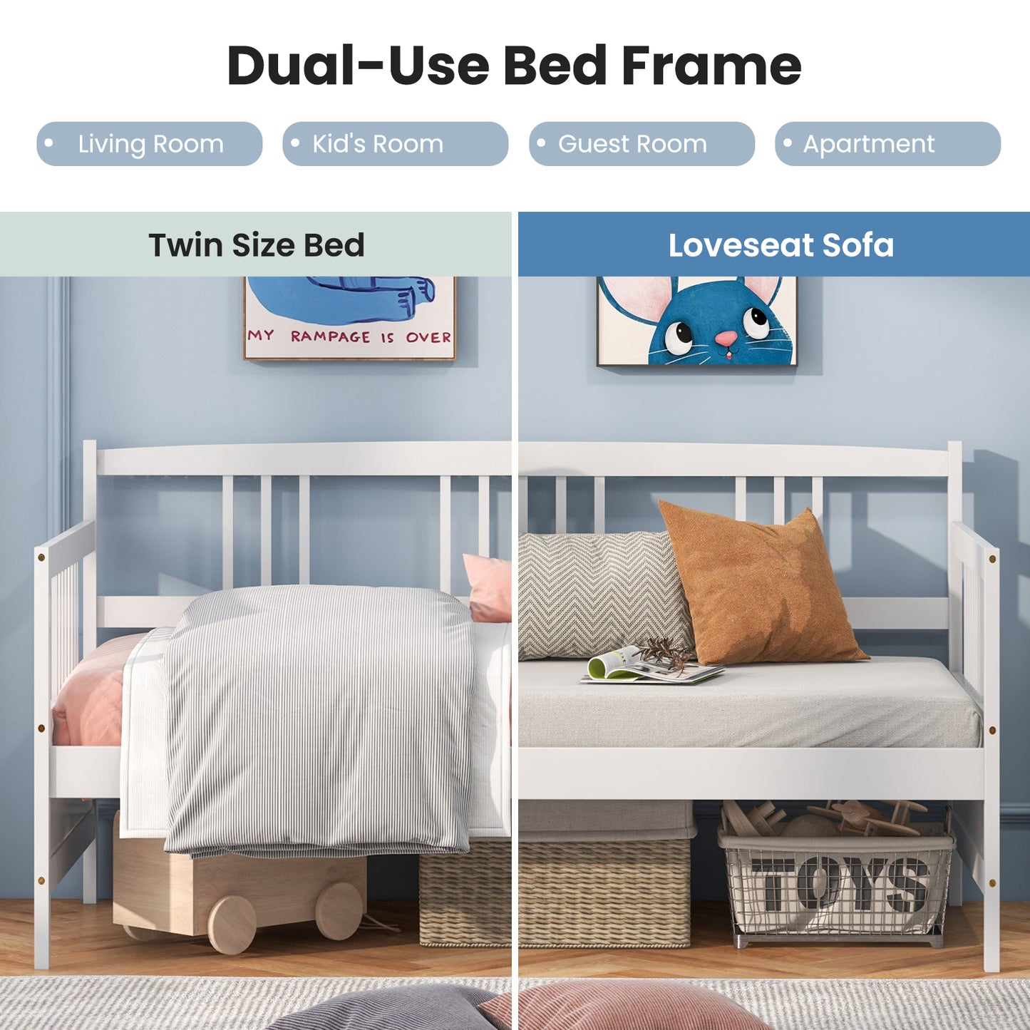 Twin Size Wooden Slats Daybed Bed with Rails-White Kids Crystal