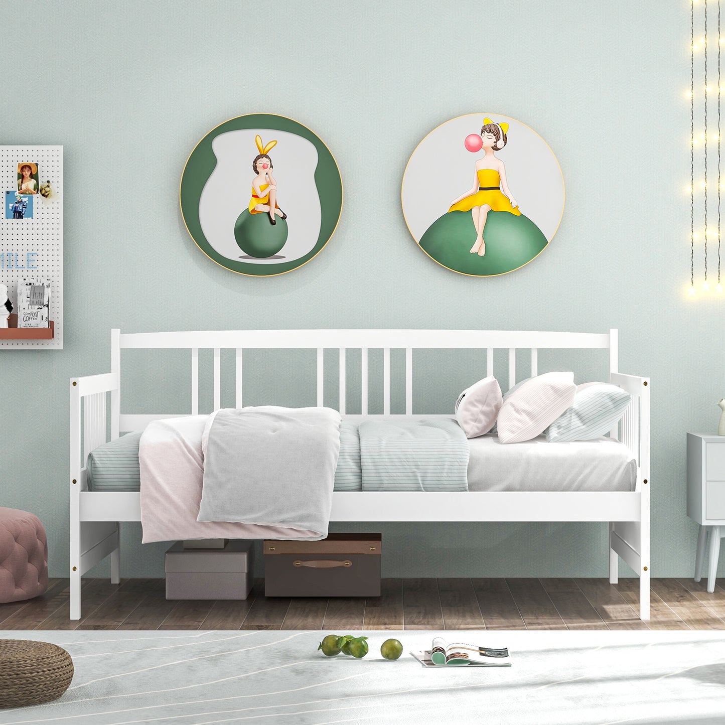Twin Size Wooden Slats Daybed Bed with Rails-White Kids Crystal