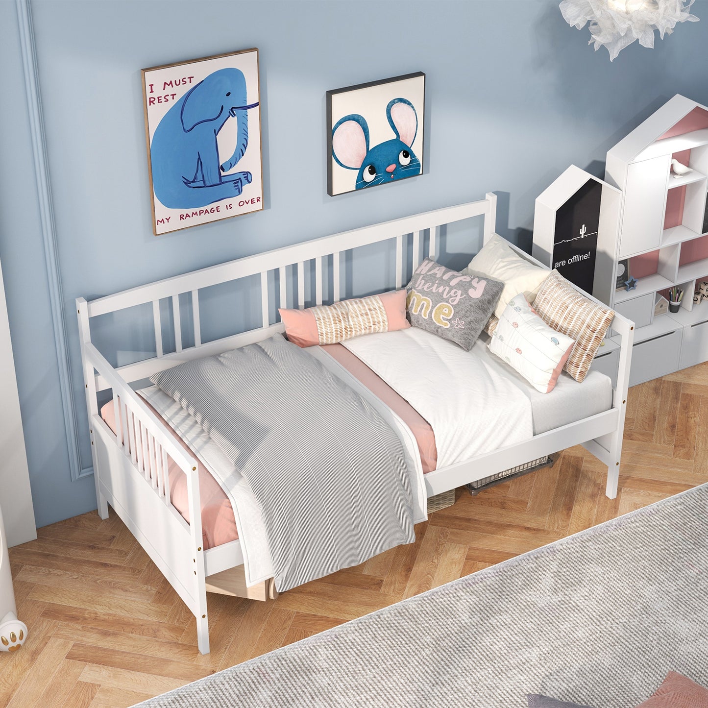 Twin Size Wooden Slats Daybed Bed with Rails-White Kids Crystal