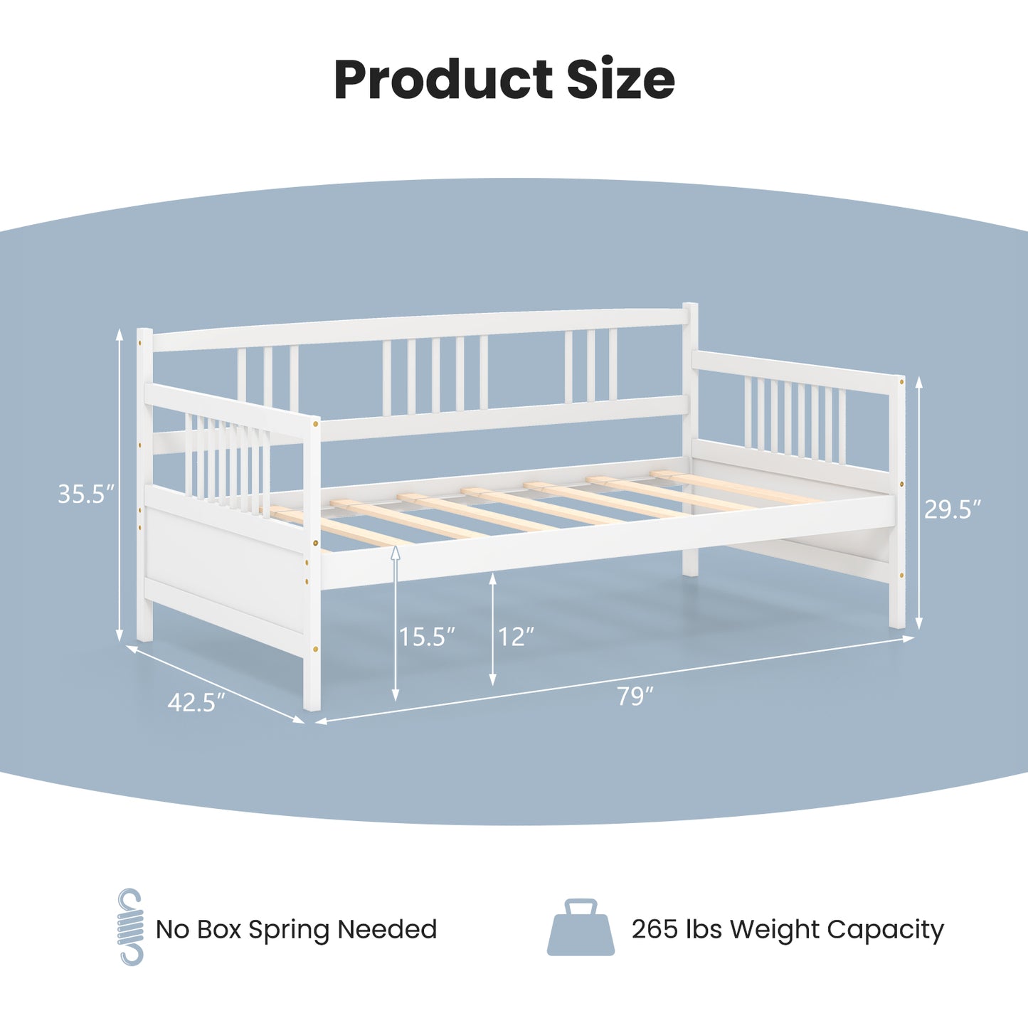 Twin Size Wooden Slats Daybed Bed with Rails-White Kids Crystal