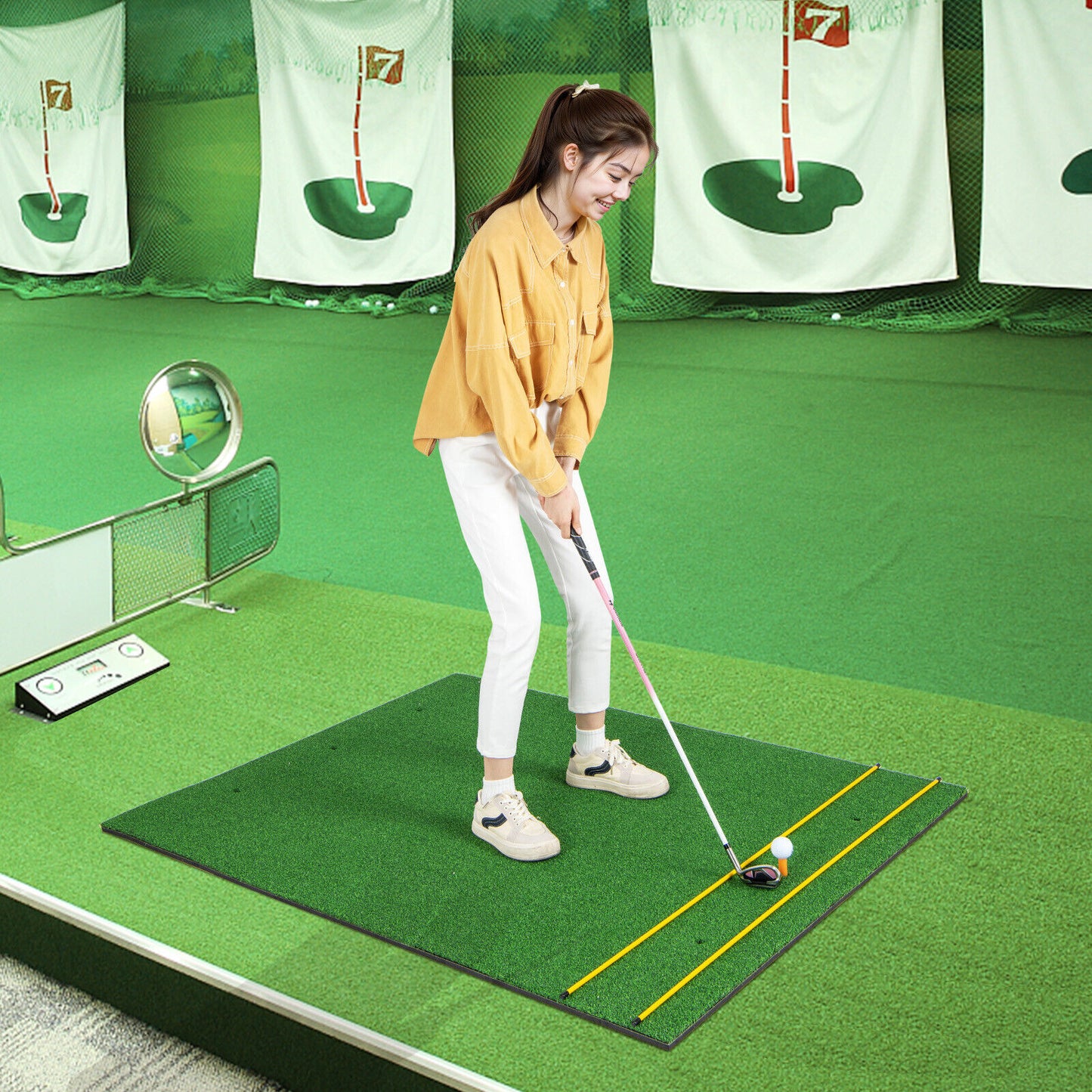 Artificial Turf Mat for Indoor and Outdoor Golf Practice Includes 2 Rubber Tees and 2 Alignment Sticks-27mm Kids Crystal