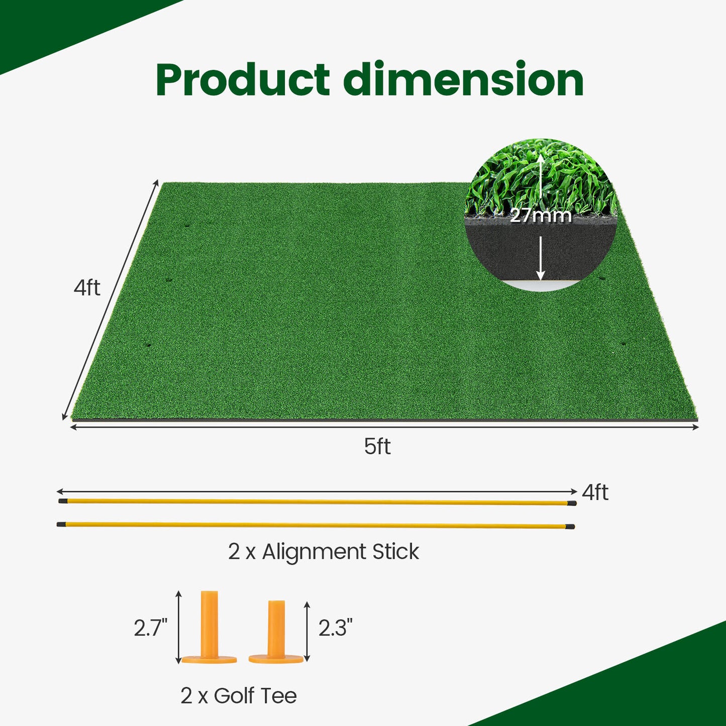 Artificial Turf Mat for Indoor and Outdoor Golf Practice Includes 2 Rubber Tees and 2 Alignment Sticks-27mm Kids Crystal