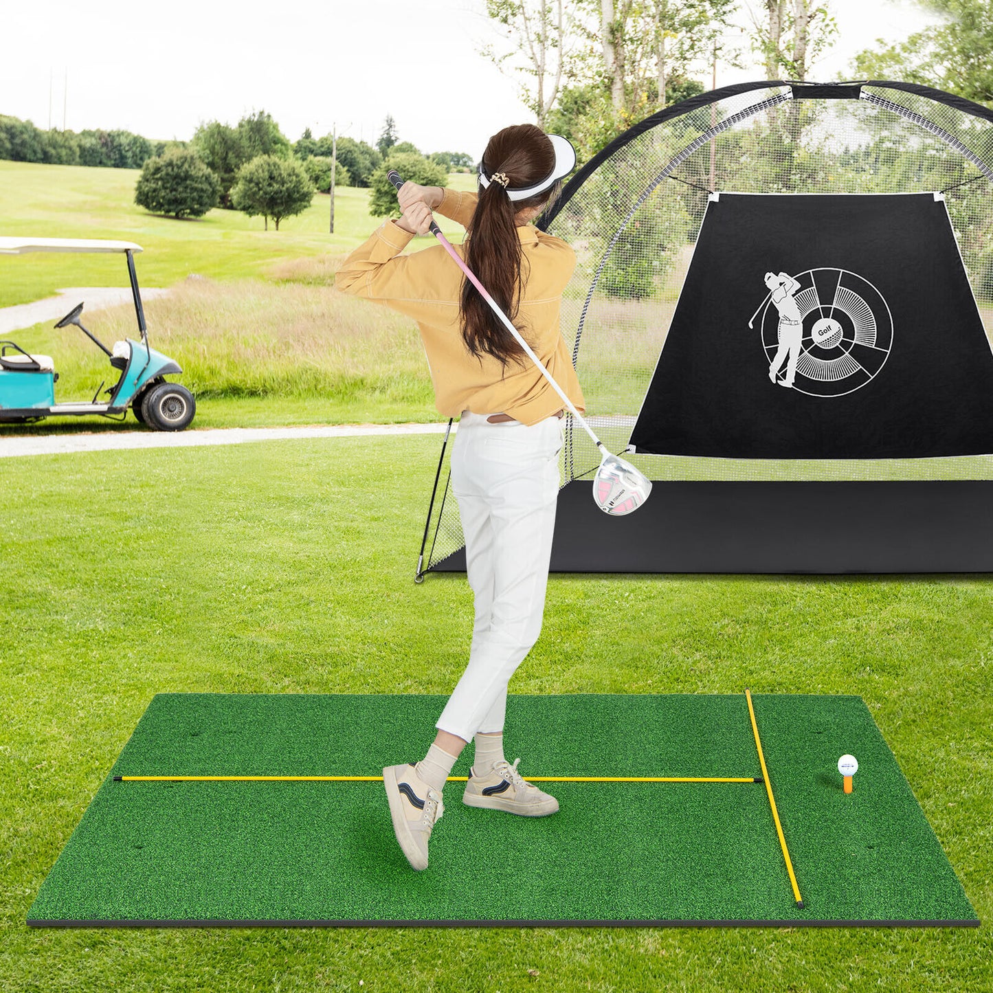 Artificial Turf Mat for Indoor and Outdoor Golf Practice Includes 2 Rubber Tees and 2 Alignment Sticks-32mm Kids Crystal