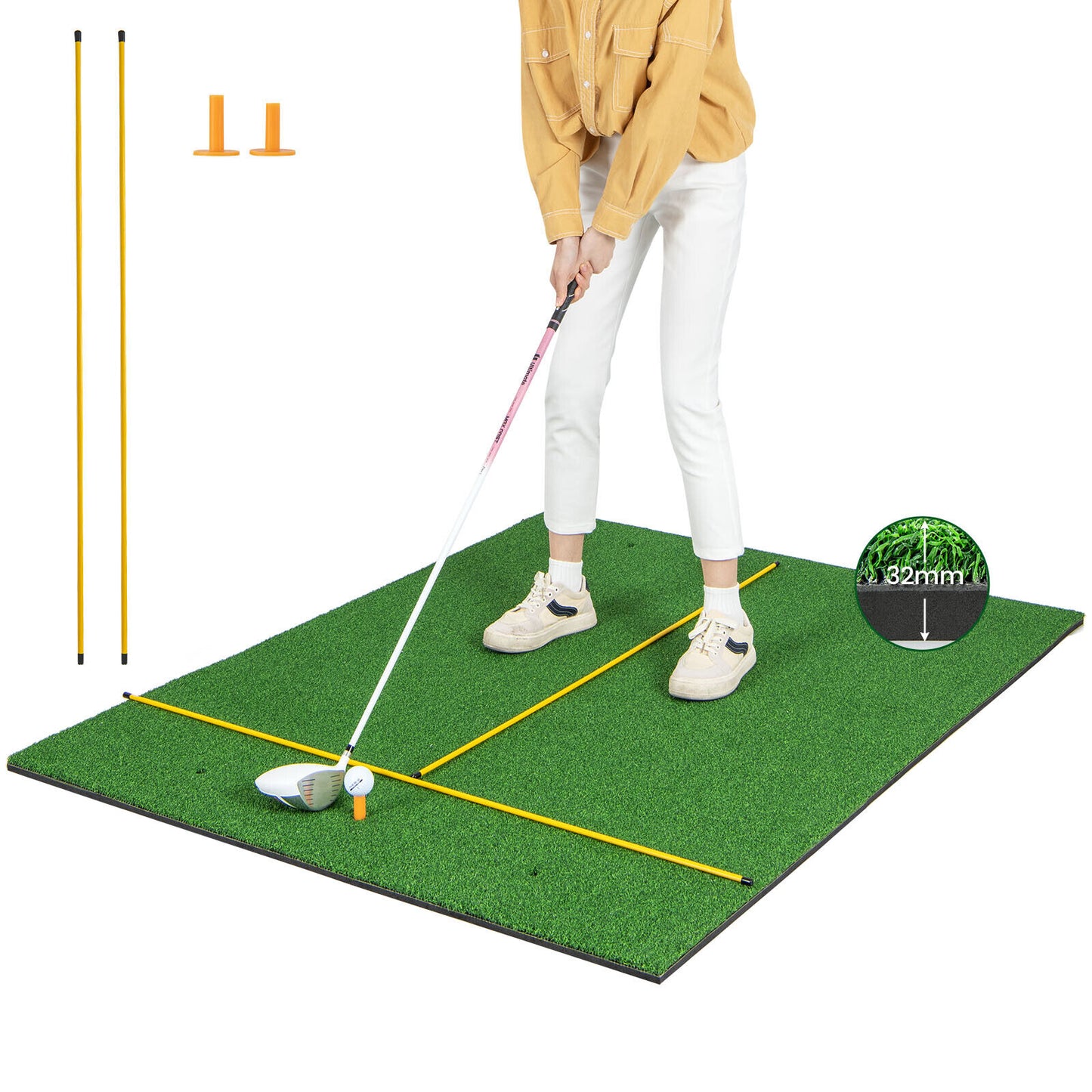 Artificial Turf Mat for Indoor and Outdoor Golf Practice Includes 2 Rubber Tees and 2 Alignment Sticks-32mm Kids Crystal